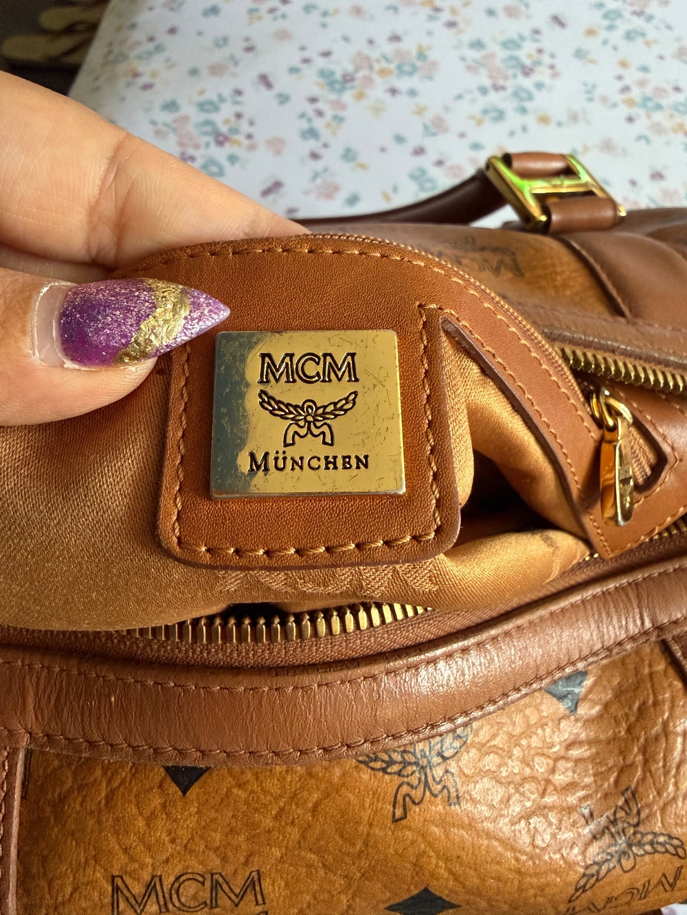 MCM Cognac Visetos Mini Satchel in Tan Leather Trim - Picture 7 of 10